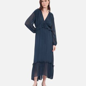 NWT The Kooples Blue Ruffled 100% Silk Long Sleeve Dress, French Size 1, US 4